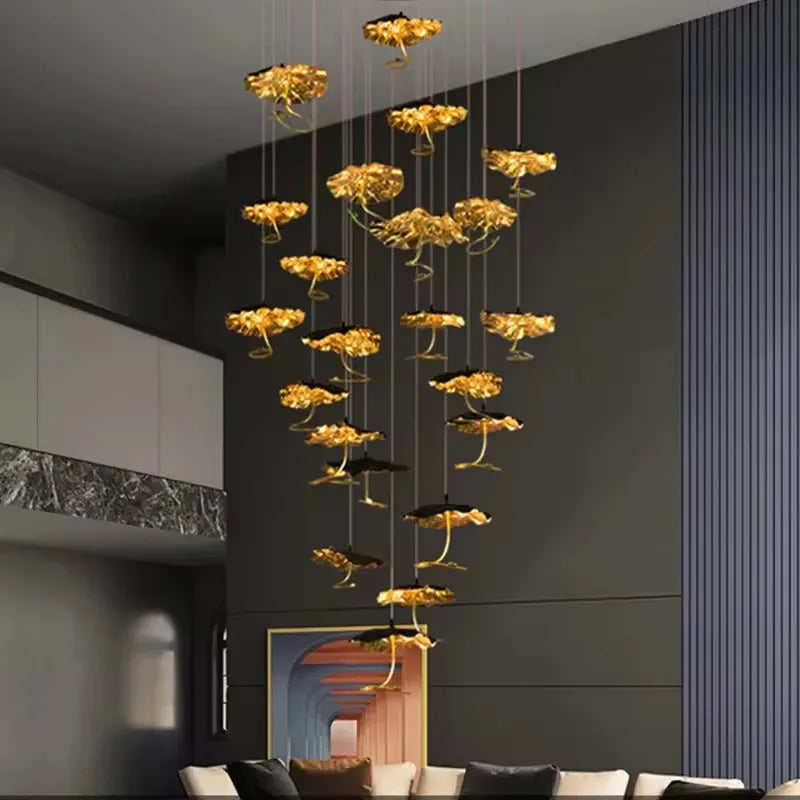 Modern Loft Copper Pendant Light Lotus Chandelier Indoor Lighting LED Ceiling Lamp for Living Dining Room Home Decoration